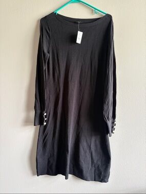 Ann Taylor Black Long-Sleeve Knit Dress with Pearl Cuff Buttons